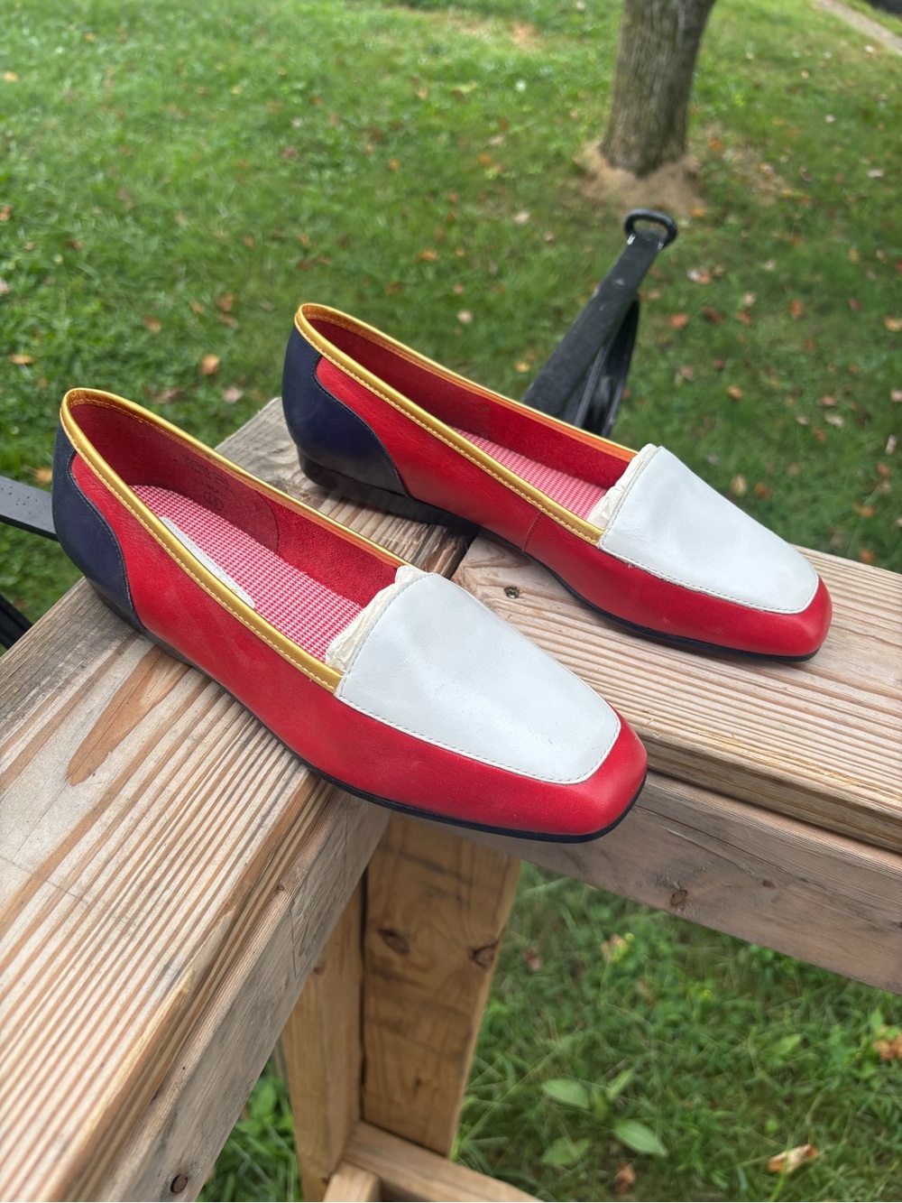liberty Red, White & Navy Colorblock Loafers with Gold Trim vintage Enzo Angioli